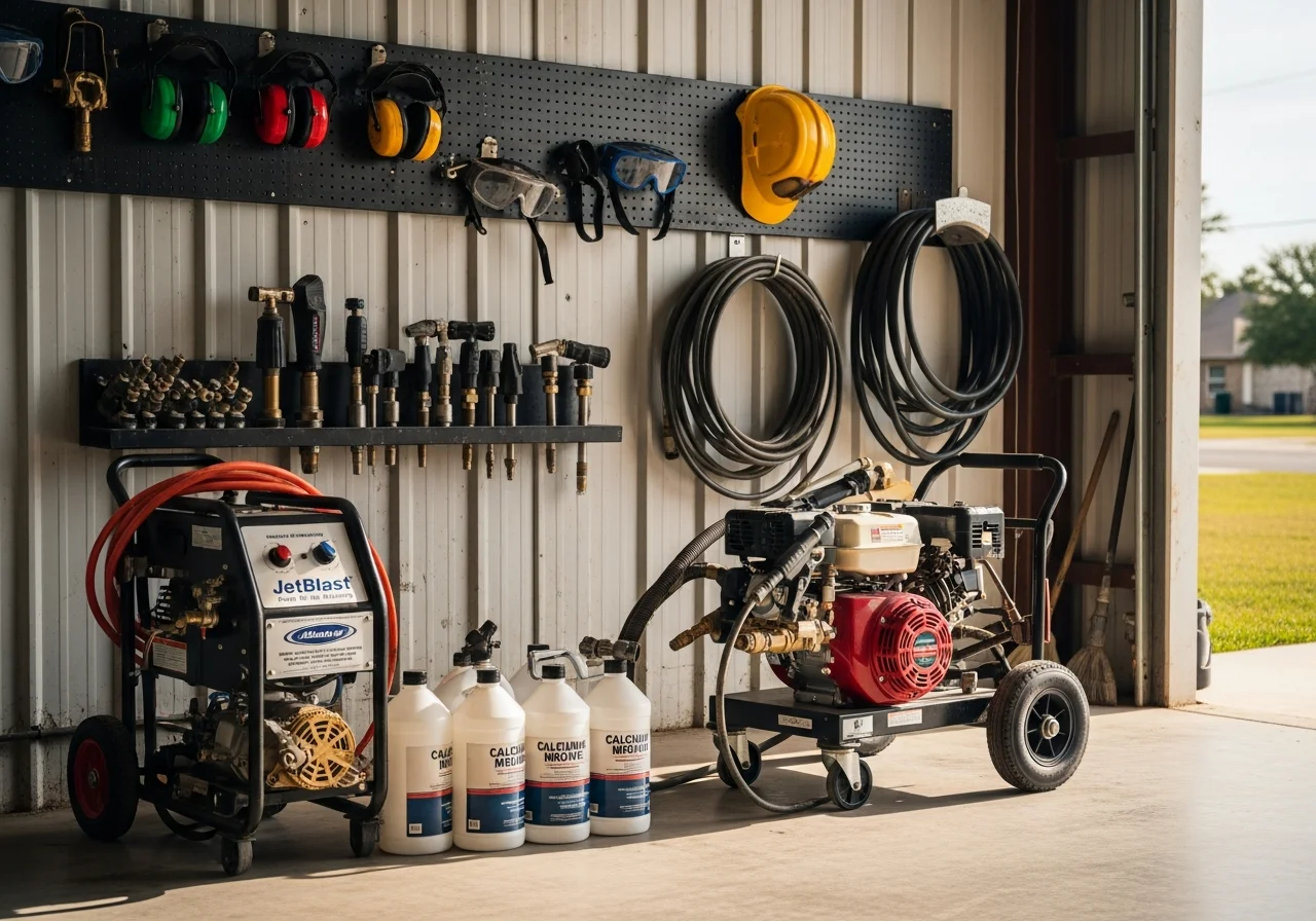 Professional pool tile cleaning equipment and tools ready for service work.