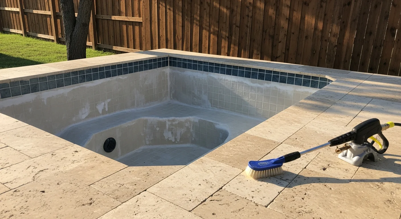 Hot tub tile cleaning service removing calcium buildup from residential spa