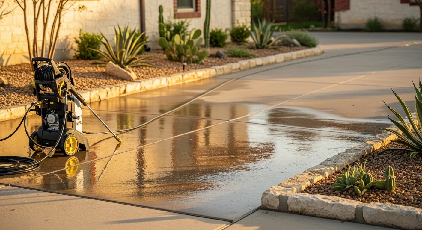 Professional pressure washing and blasting service cleaning concrete driveway