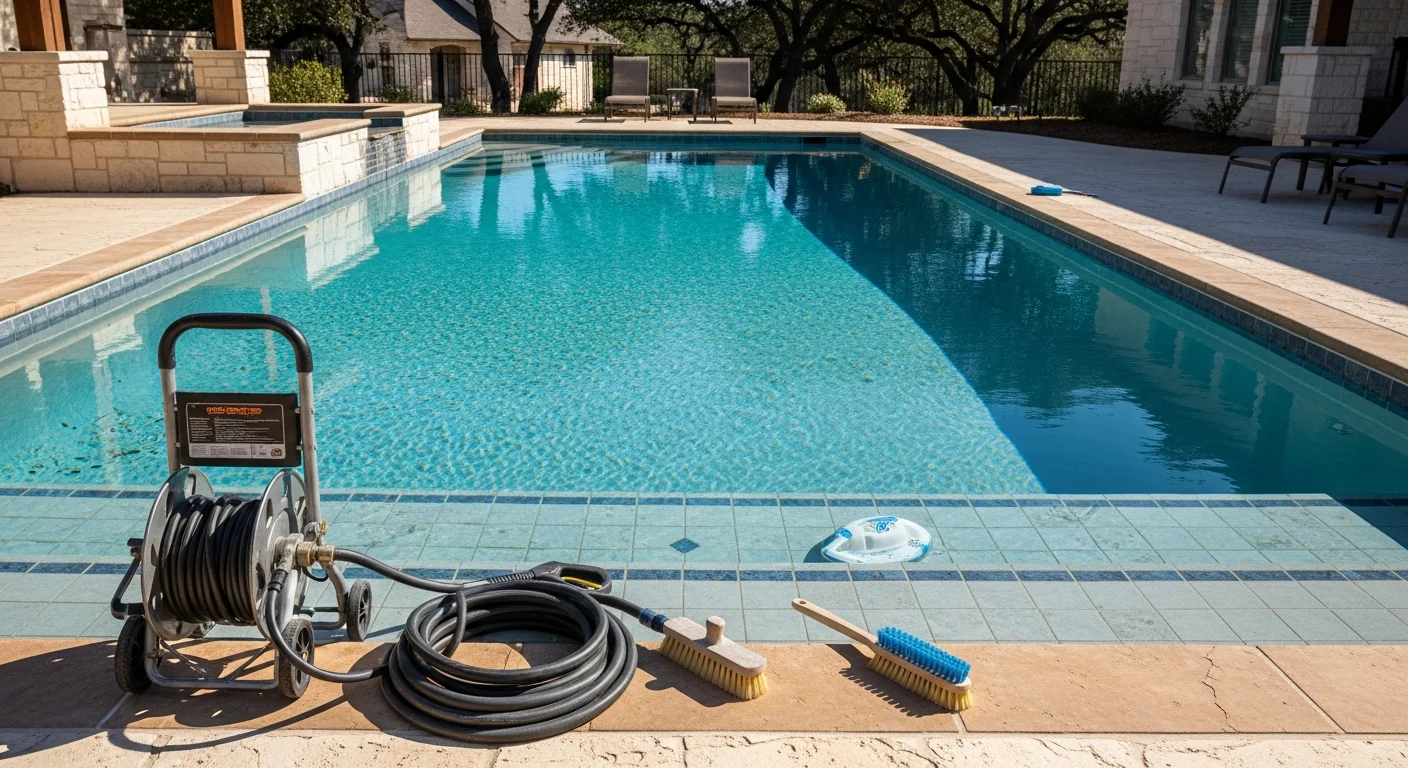 Professional pool tile cleaning service removing calcium deposits from residential swimming pool