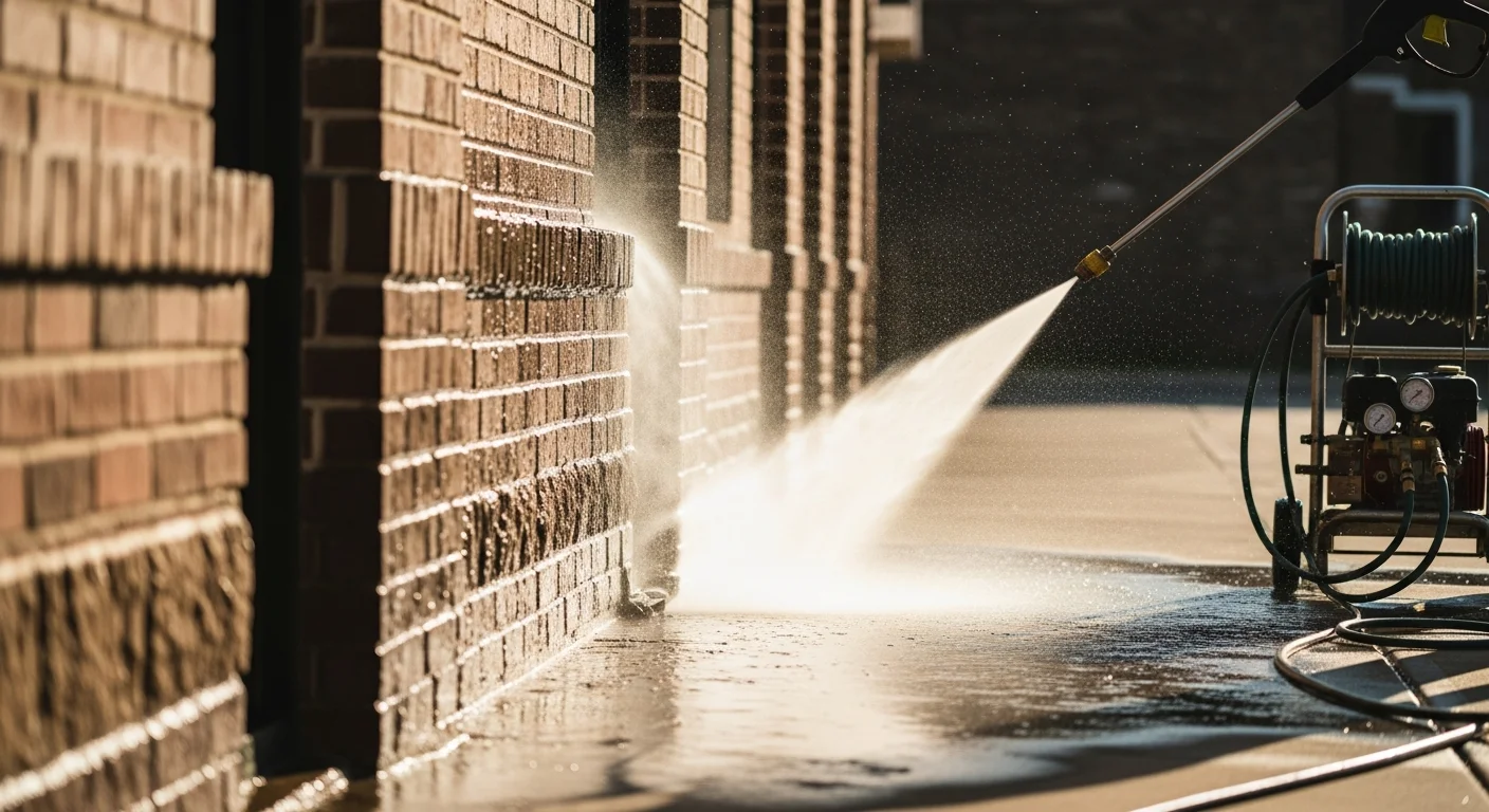 A commercial building facade and concrete sidewalk in Seguin, TX shown after pressure washing, with clean brick and streak-free walkway surfaces. A JetBlast technician directs a pressure washing wand at a stained loading dock area outside a Seguin warehouse.