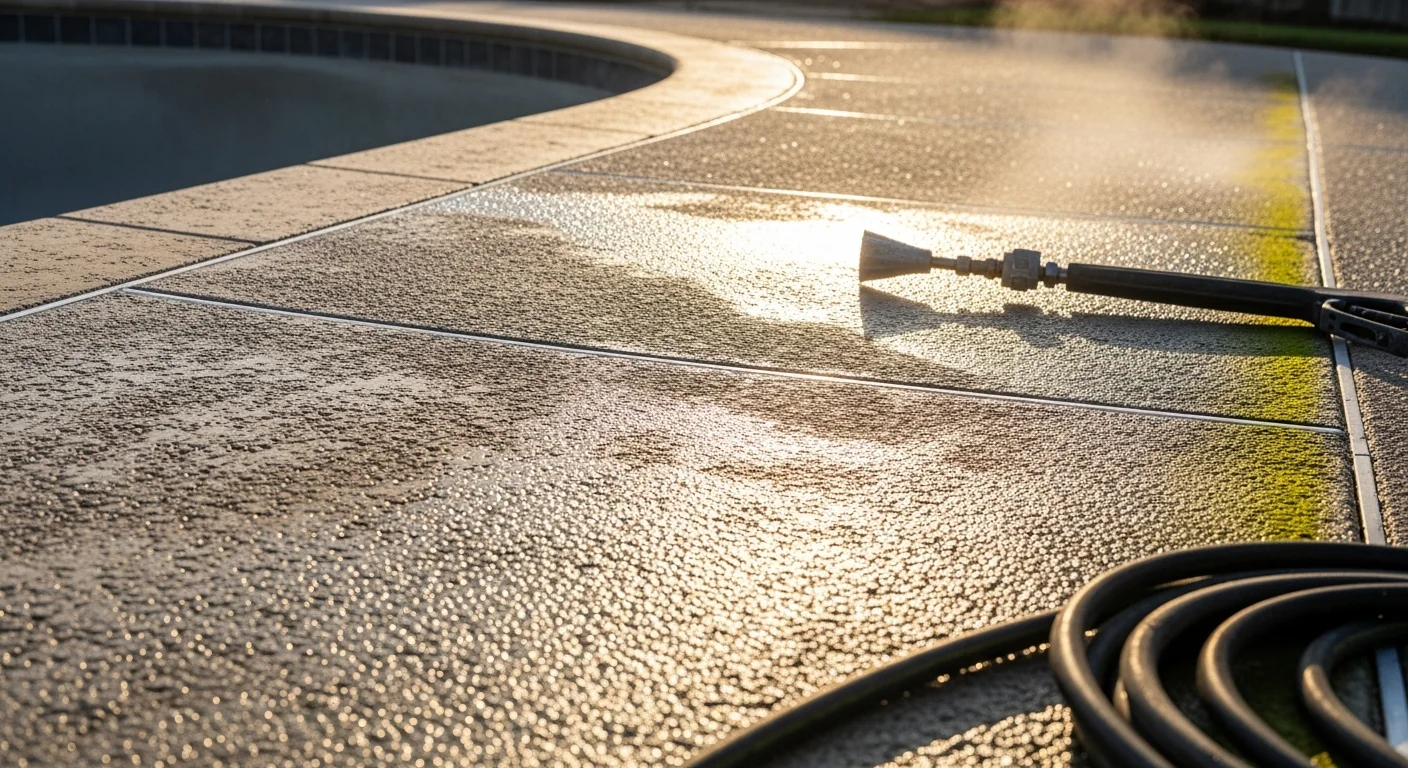 A concrete pool deck in Seguin, TX shown before and after professional blasting service, with the cleaned side revealing bright, stain-free surface free of algae and discoloration. High-pressure blasting equipment positioned on a residential patio with visible grime removal in progress.