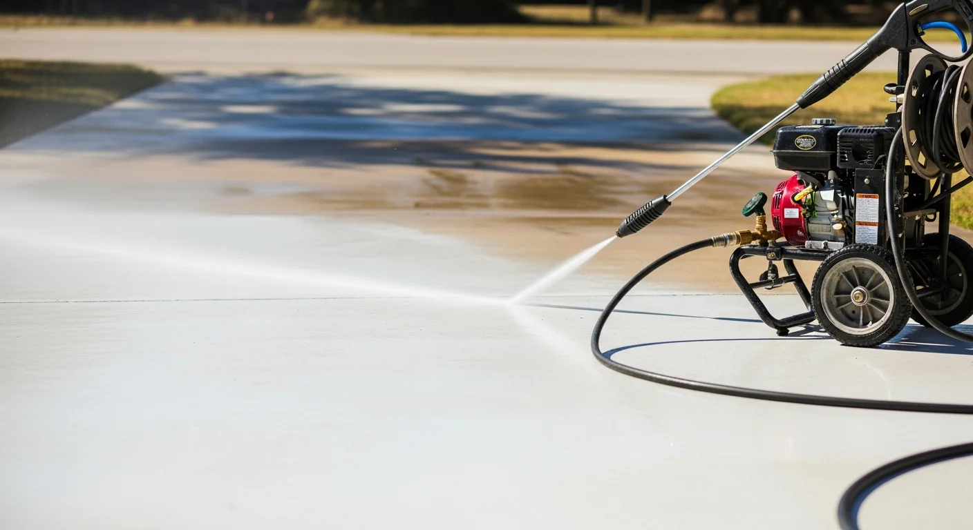 A concrete residential driveway in Seguin, Texas shown before and after professional pressure washing, with dark algae streaks and oil stains removed to reveal clean, light-colored concrete. A JetBlast Pool Tile Cleaning pressure washing setup is visible at the edge of the driveway.