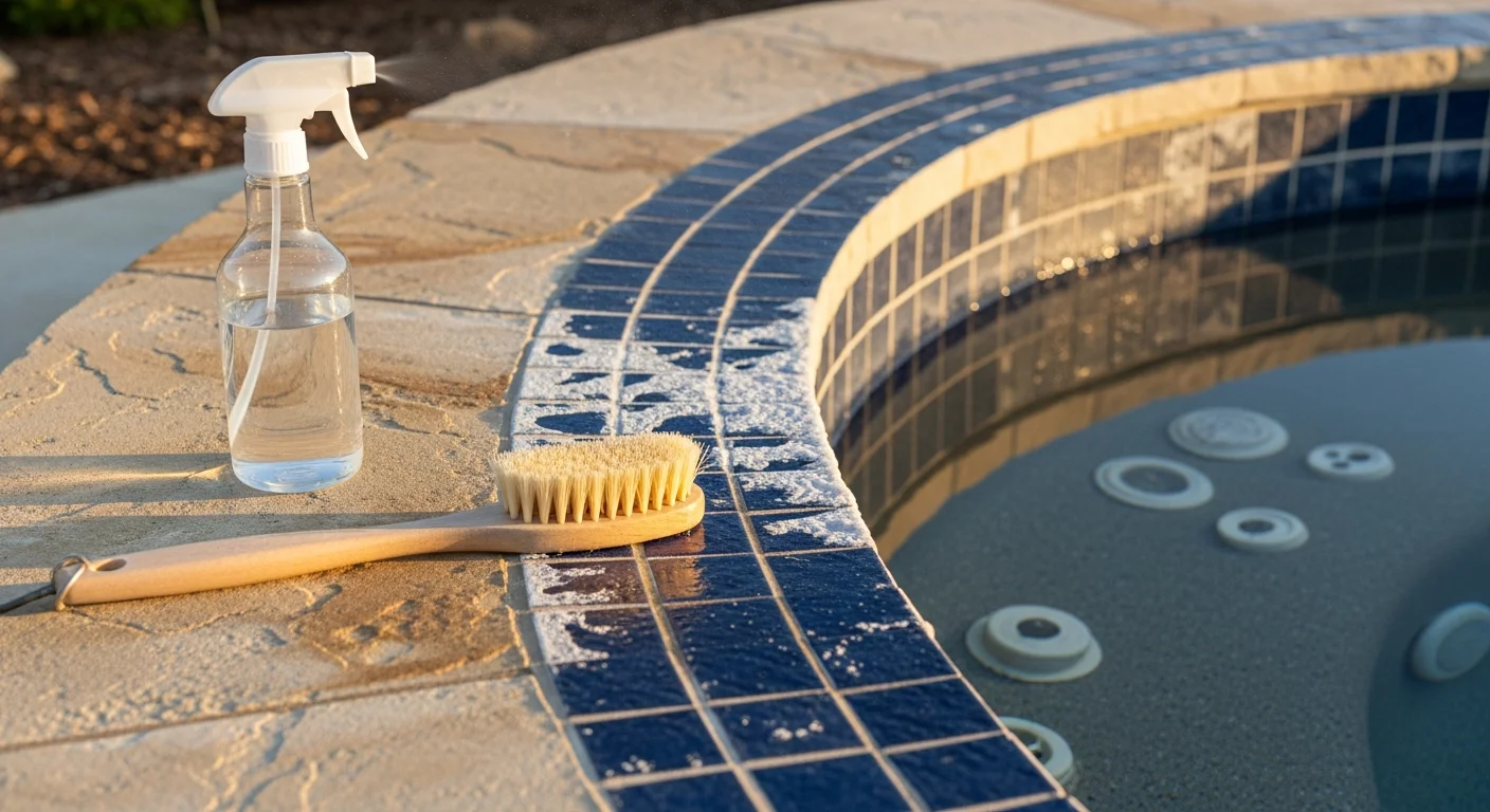 Close-up of a hot tub waterline tile in Seguin showing white calcium scale deposits being cleaned from the surface. After-service view reveals clean, scale-free tile and a clear spa shell.