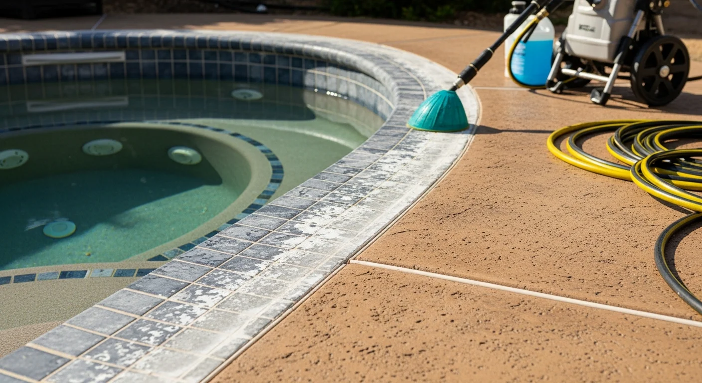 Close-up of hot tub tile in Seguin, Texas showing white calcium scale deposits along the waterline being cleaned by a professional spa tile technician. The before-and-after contrast shows clean, clear tile after mineral buildup removal.