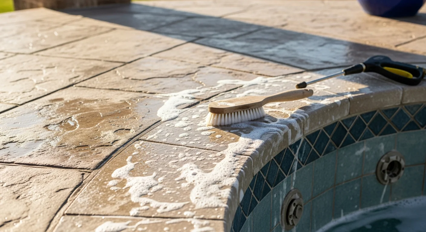 Close-up of a jacuzzi tile waterline in Seguin, TX before and after calcium scale removal, showing clean, bright tile with no white mineral deposits. A residential hot tub with clear water sits in a backyard patio setting.