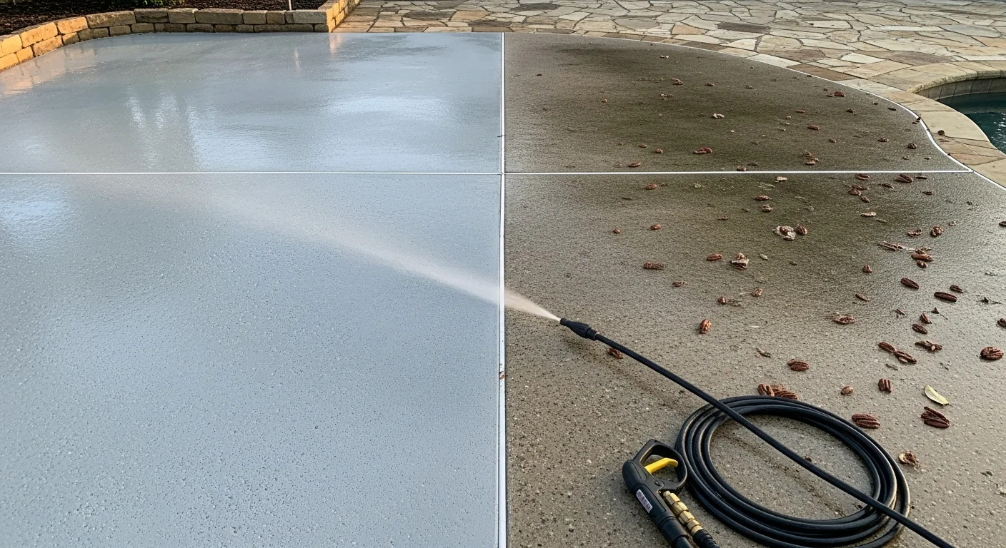 A Seguin backyard concrete patio after professional pressure washing, showing clean, restored surface color with no visible algae or staining. The patio connects to a pool deck area typical of Central Texas residential properties.