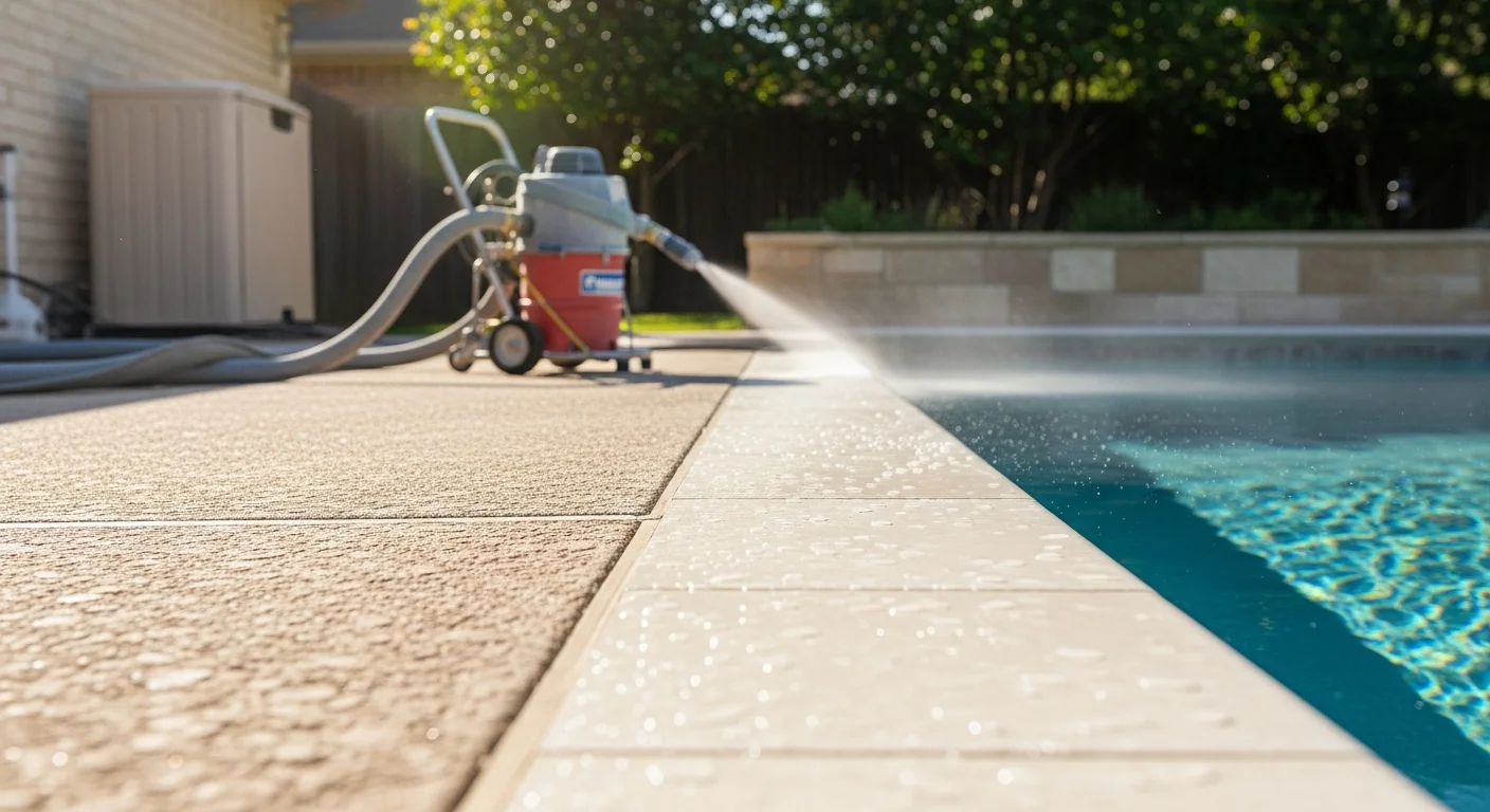 Close-up of a Seguin, TX pool waterline showing clean, calcium-free tile after professional pool tile blasting service. The tile surface is smooth and clear with no white mineral crust visible along the waterline.