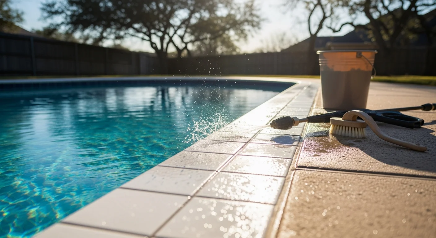 Close-up of a pool waterline tile in Seguin, TX showing white calcium scale removed from ceramic tile and grout after professional cleaning. The cleaned tile band contrasts sharply against the surrounding pool water.