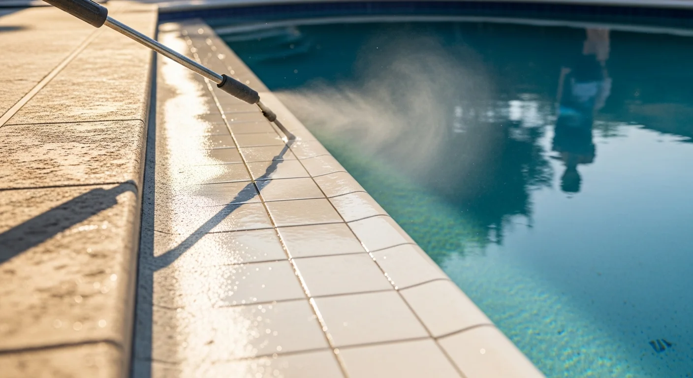 Close-up view of a pool waterline tile in Seguin, Texas, showing white calcium scale fully removed and clean tile restored to its original color. A media blasting setup is visible beside the pool in a residential backyard setting.