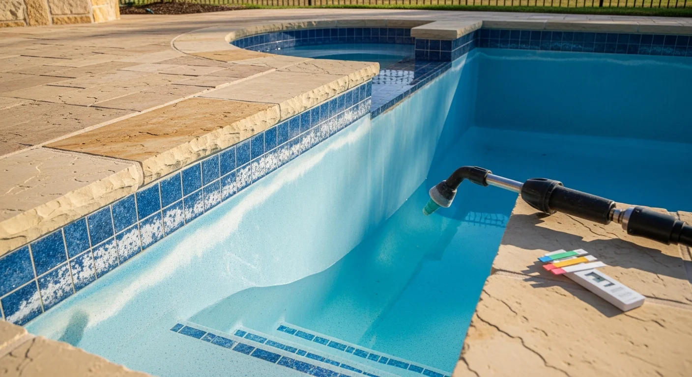 Close-up of a residential pool waterline in Seguin, Texas, showing tile restored to a clean, scale-free surface after calcium and hard water deposit removal. A backyard pool with clear water reflects the tile line, free of the white crusty buildup common in Guadalupe County.