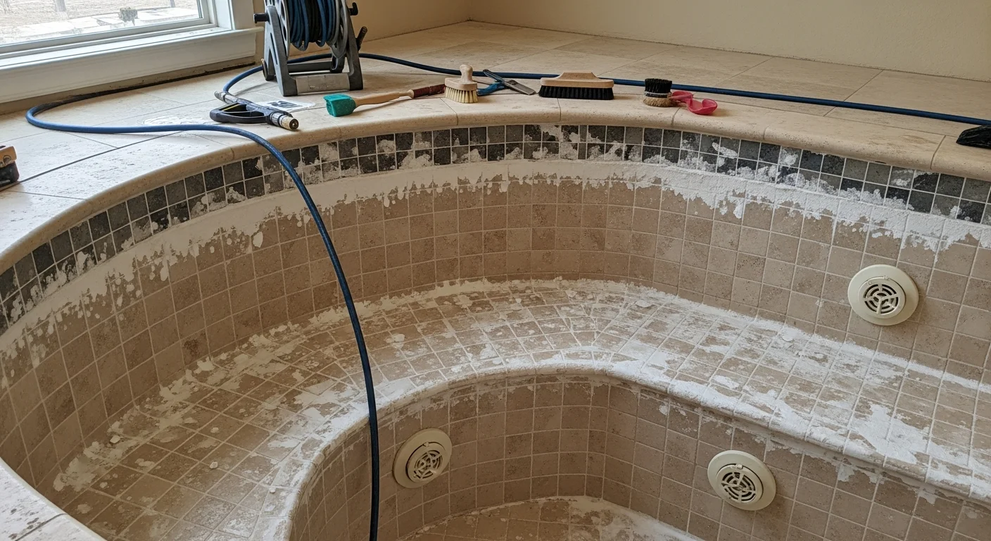 Close-up of spa tile in a Seguin backyard showing calcium scale removed from the waterline, with clean grout lines and restored tile color visible. A JetBlast technician works on the tile surface surrounding the spa jets.