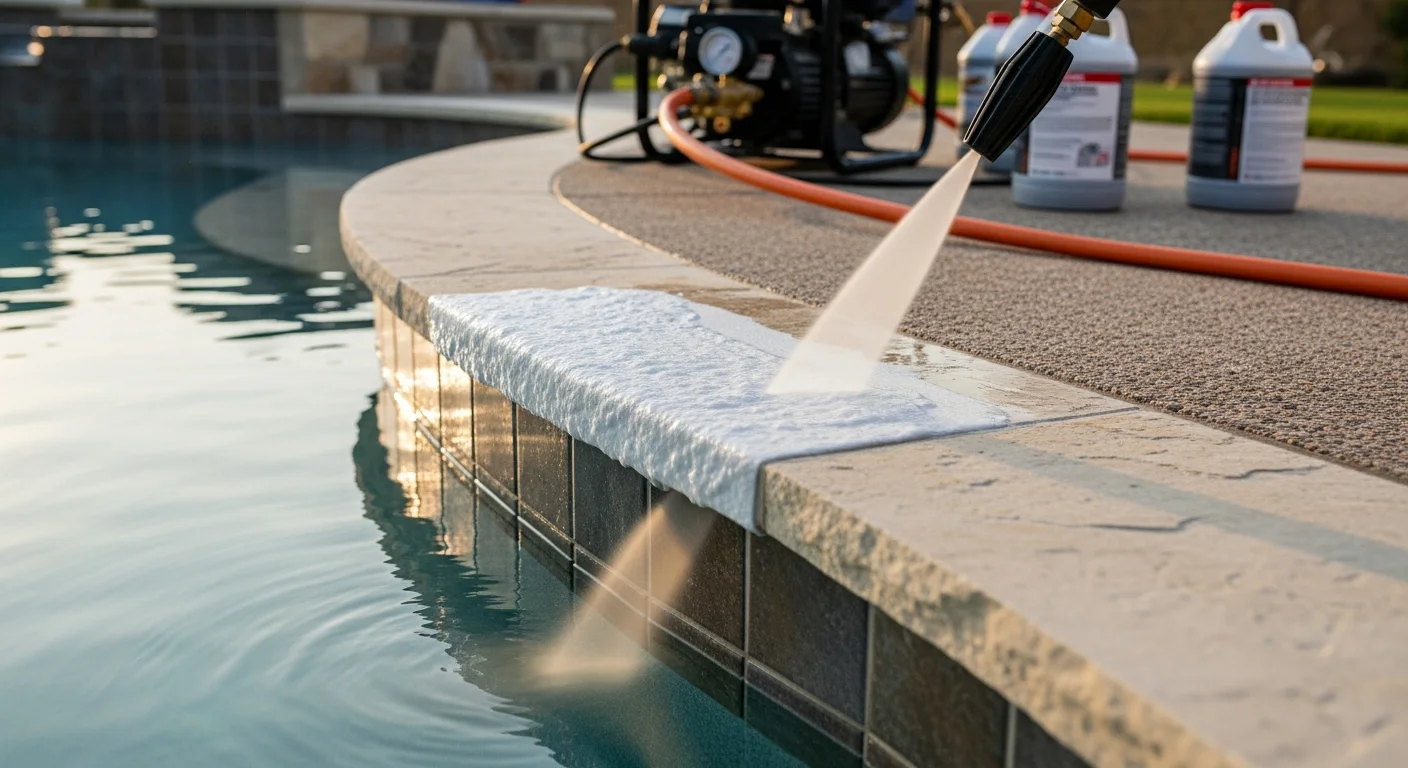 Close-up of a Seguin, TX residential pool waterline showing white calcium scale on tile before and after professional cleaning. A technician works along the tile line with professional equipment under a clear Texas sky.