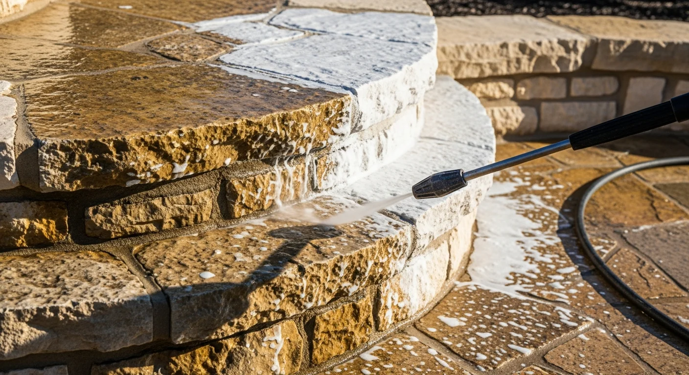 Close-up of a rock waterfall water feature in a Seguin, TX backyard showing white calcium scale removed from the stone surface. The cleaned rock reveals its natural brown and gray texture along the spillway edge.